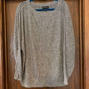 Grey (black white) light sweater with open knit sleeves